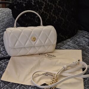 kate spade Quilted Mini Barrel Bag in Off-White with Gold Spade Accent